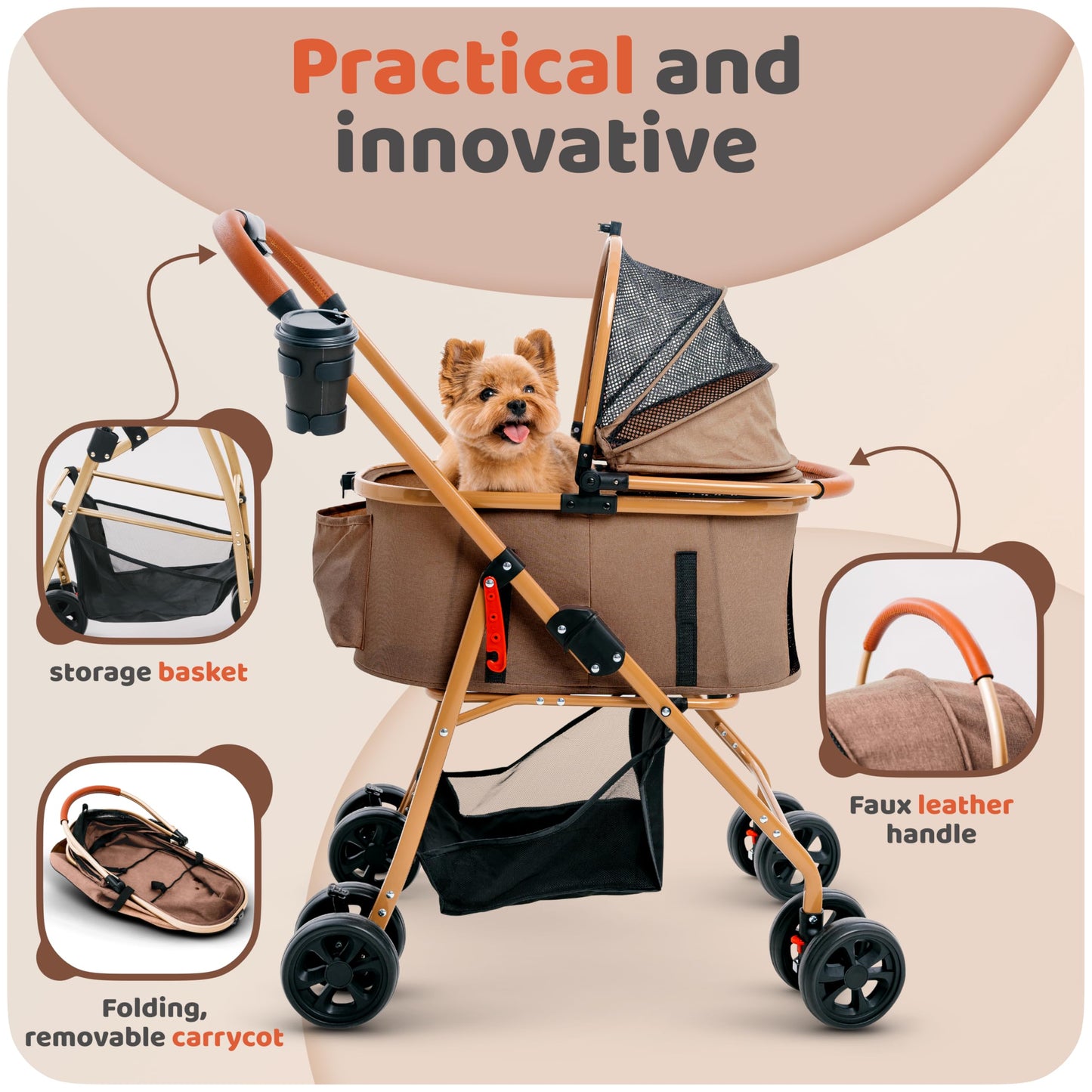 Pet Stroller for Small Medium Dogs & Cats – 2-in-1 Detachable Carrier, Zipperless Entry, Lightweight Folding Travel Stroller with Storage Basket, Cup Holder, Brown