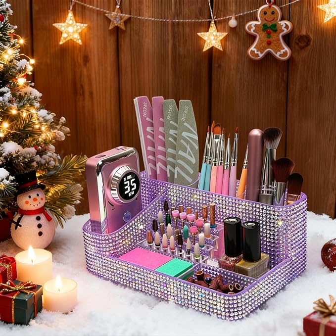 CGBE Nail Drill Holder, 28 Holes Drill Bit Holder for Nails, Professional Nail Tool Organizer, Nail Desk Organizer for Nail Tech, Nail Salon DIY Use - Diamond Purple (Not Including Nail Drill Set)