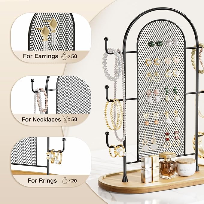 Jewelry Holder Organizer Earring Display - Stands Earring Storage Earring tree Hanger Jewelry Towers Rack with 6 Hooks 300 Stud Holes Wood Tray for Necklaces Bracelets Rings