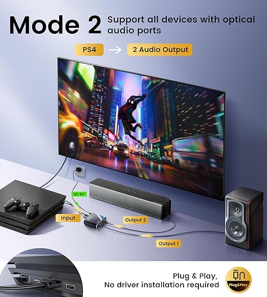 NEWCAER Digital Optical Splitter 1 in 2 Out,SPDIF Toslink Digital Optical Audio Cable Splitter 1x2 Support LPCM2.0 Doldy Digital & DTS 5.1 for Xbox,PS4,PS5,DVD,TV Box,Home Theatre, Receiver,Sound Bar