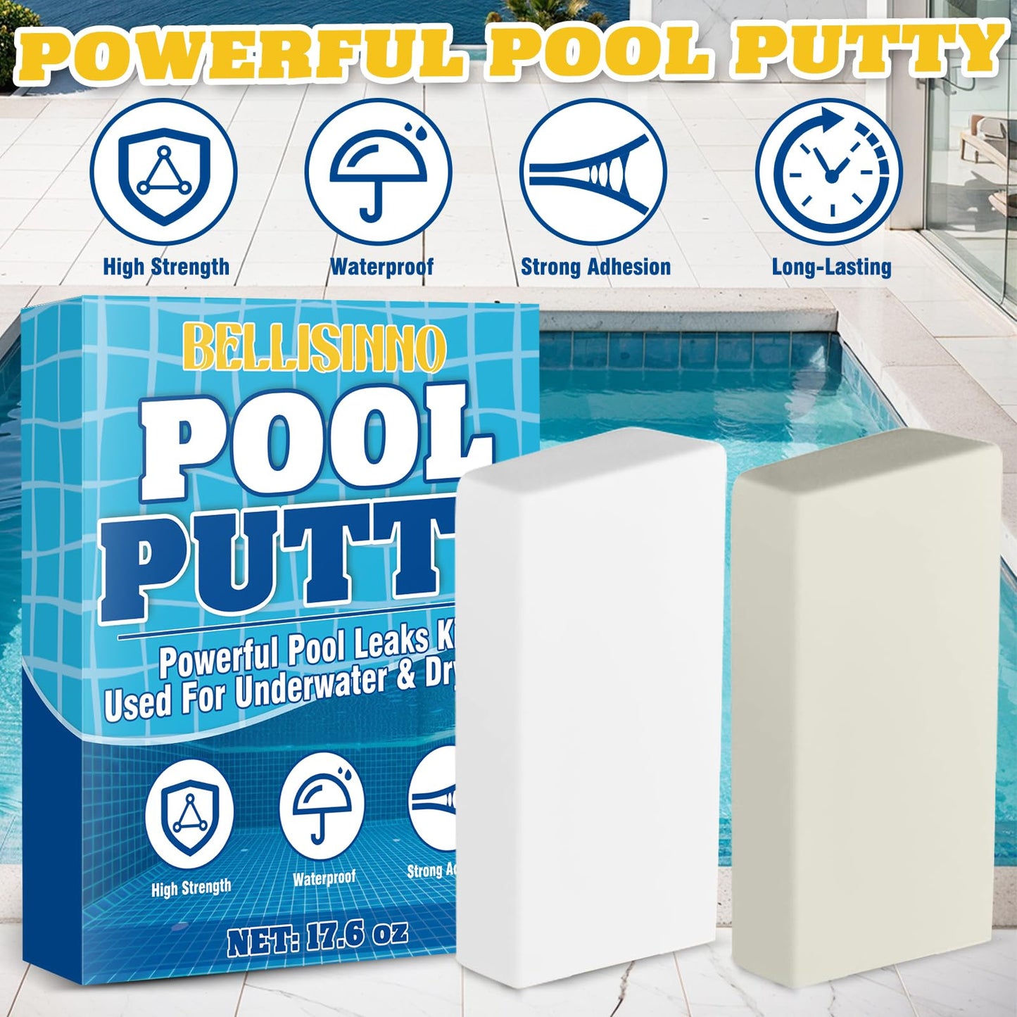 Epoxy Putty, 17.6 oz. Pool Putty, Underwater or Above Fast Repair, Fix Leaks, Cracks, Filling, Sculpting, 2 Part Pool Epoxy Putty for Tile, Concrete, Fiberglass, Cement and Other Surfaces (White)