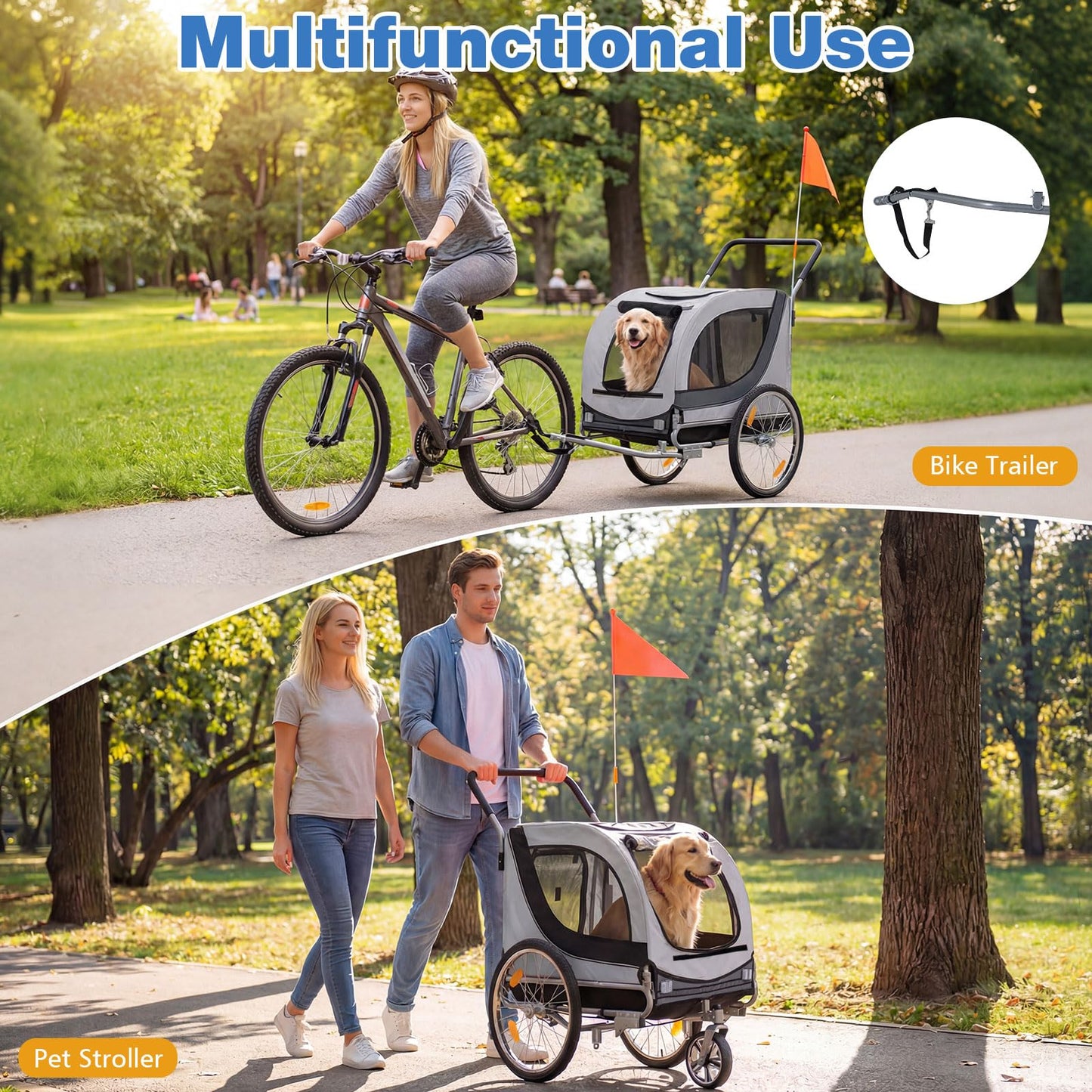 Giantex 2-in-1 Dog Bike Trailer & Pet Stroller for Large Dogs – Foldable Pet Carrier Cart with Front Caster & 2 Air-Filled Tires, Breathable Mesh, PVC Rain Cover, 176 lbs Capacity (Light Gray)