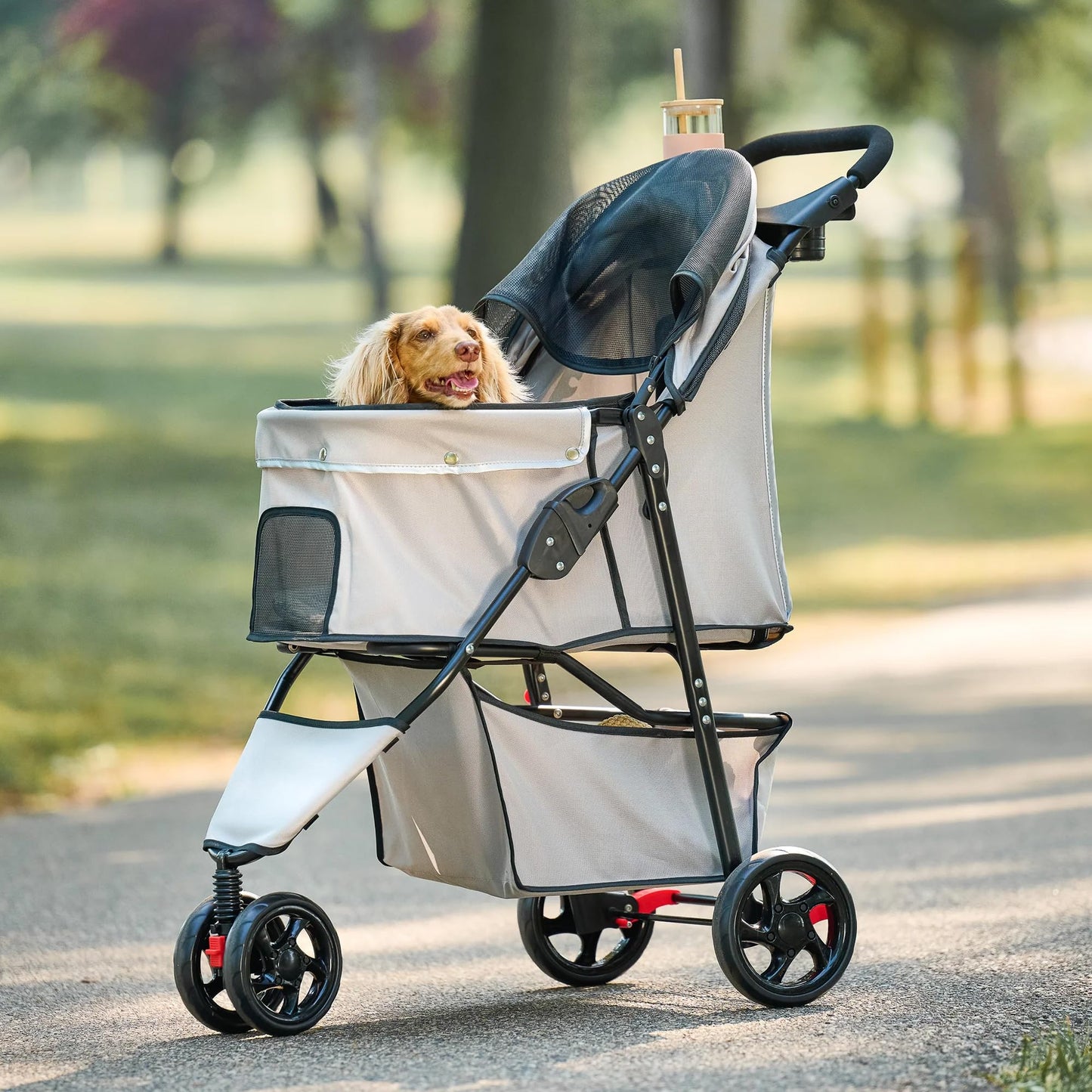 Carlson Pet Products Stroller, Includes 360 Degree Front Wheel Swivel, Rear Wheel Breaks, Reflective Trim, Mesh Panels, Umbrella and Mesh Canopy, Khaki