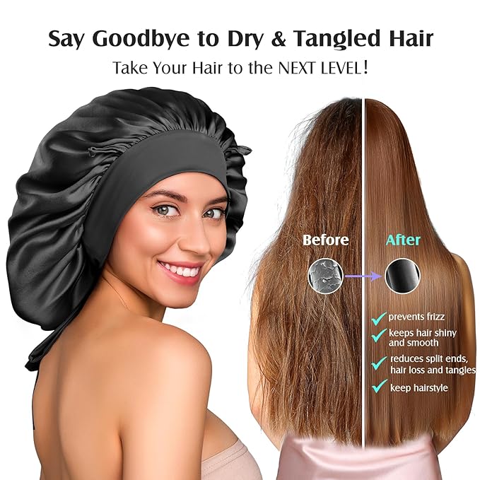 YFONG 100% 22 Momme Mulberry Silk Bonnet for Sleeping Women, Larger Double Layer Silk Hair Wrap for Curly Short Long Hair, Non-Slip Sleep Cap Turban with Elastic Tie Band for Hair Care, Black