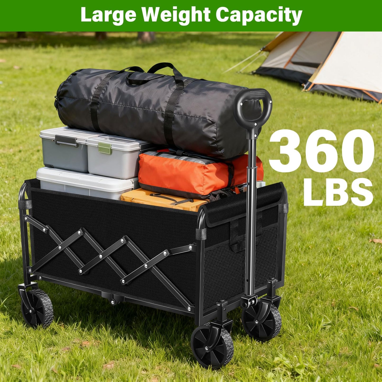 Folding Wagon Cart with All-Terrain Wheels – Heavy Duty Collapsible Utility Wagon for Grocery, Sports, Garden, Camping, Shopping (Black 360LBS)