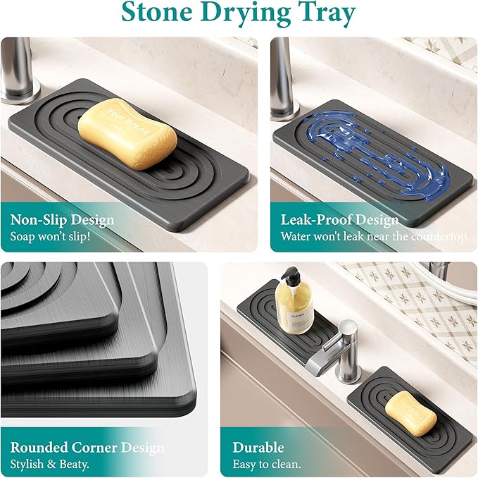 Water Absorbing Stone Tray for Sink, Quick Drying Diatomite Bathroom Tray Countertop, Stone Drying Mat for Kitchen Counter Faucet, Soap Dish Dispenser Vanity Organizer, Dark Grey-B-8.3" x 4"