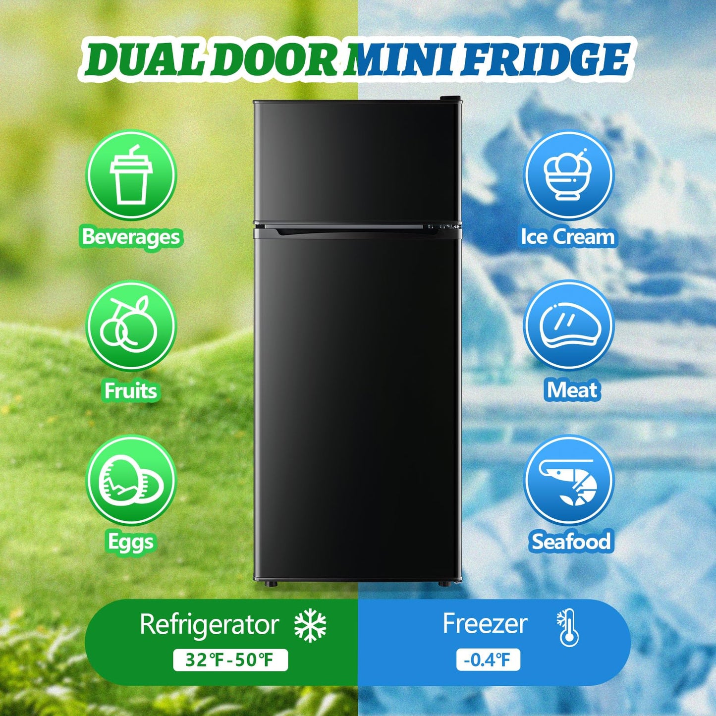 DEMULELR 4.5Cu.ft Small Mini Refrigerator with Freezer Black Two Door Mini Fridge with Crisper Drawer & Extra Drink Space, LED Light, Apartment Size Fridge for Dorm Office 17.5" W x 18.5" D x 43" H