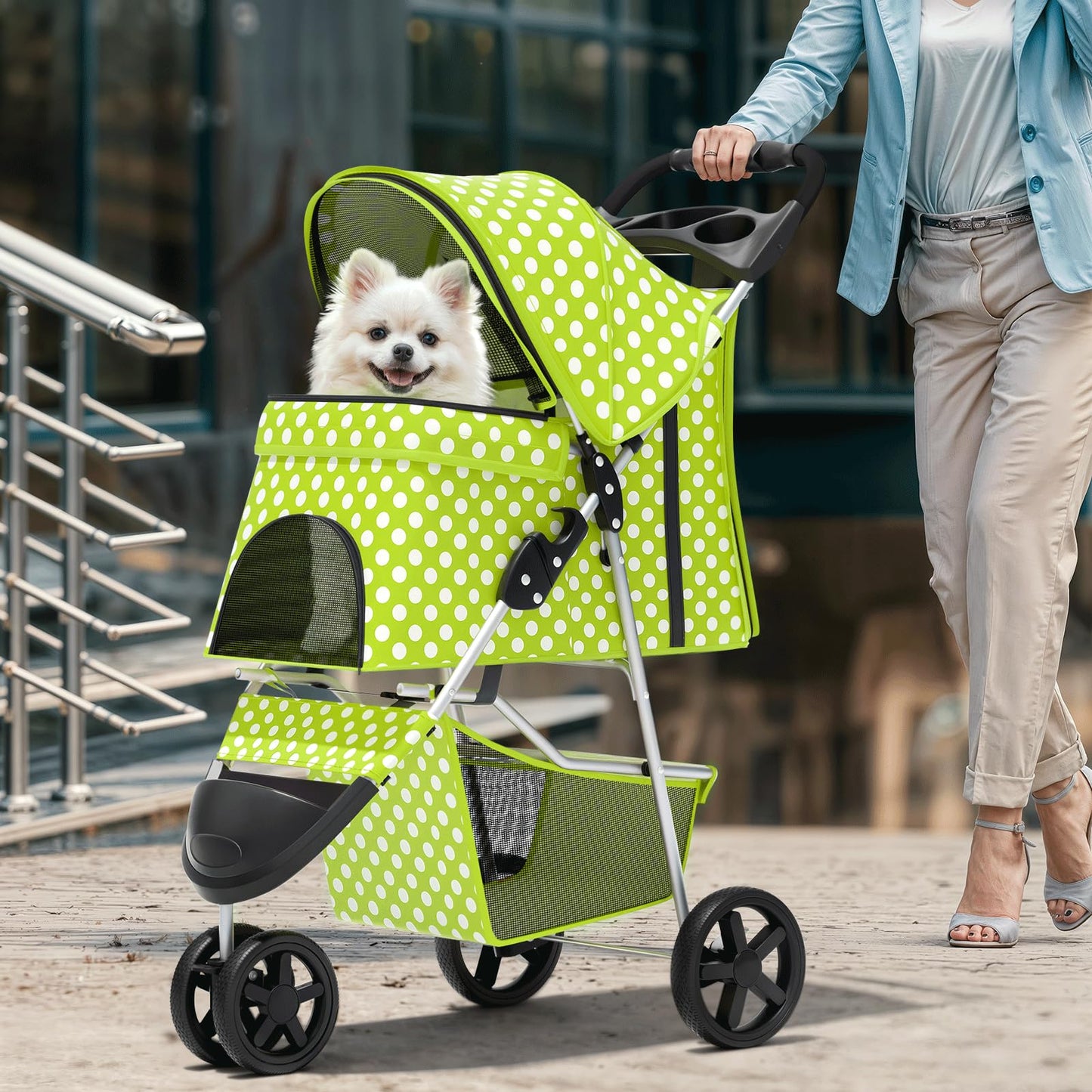 Magshion 3-Wheel Pet Stroller, Foldable Travel Jogger for Small & Medium Dogs & Cats (Up to 33lbs), Lightweight Carrier with Breathable Mesh Cover, Cup Holder & Storage Basket, Lawn Green Polka Dots
