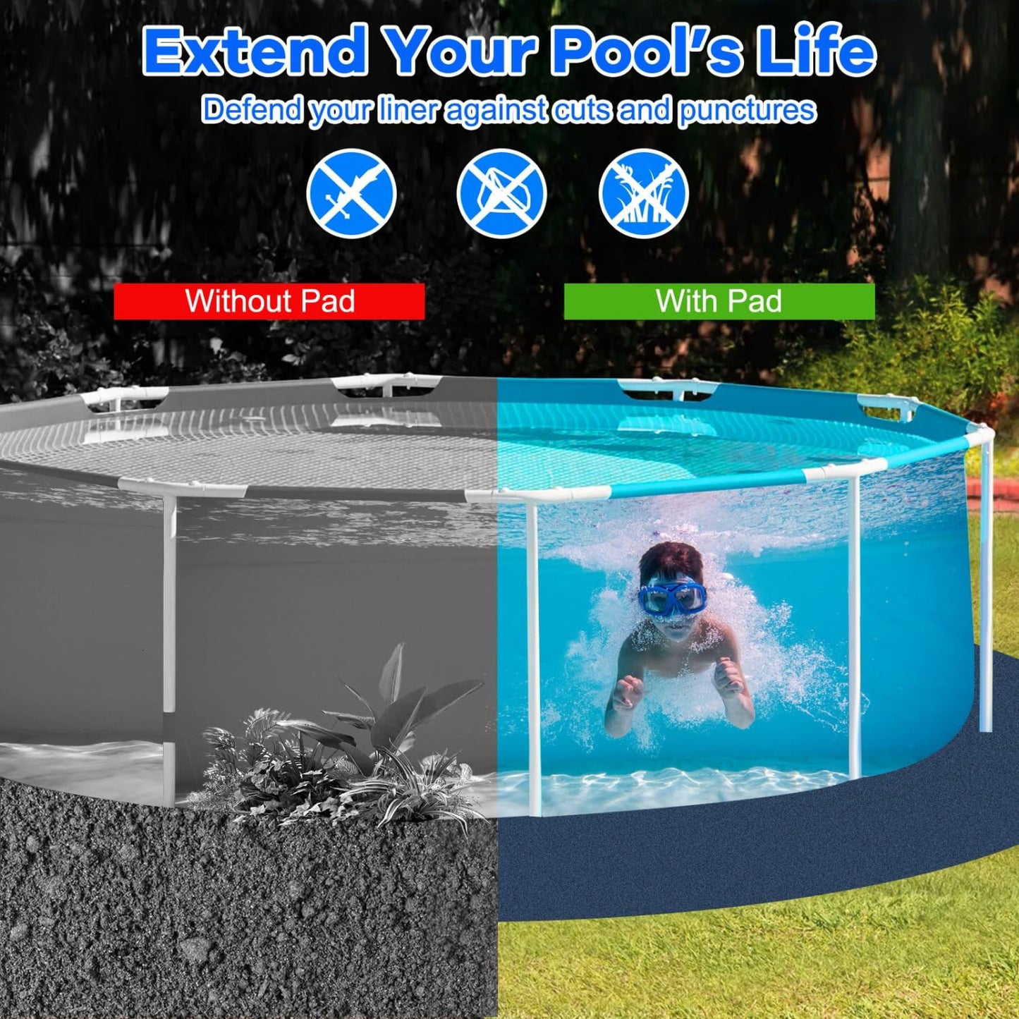 Gonioa 15 FT Pool Pad for Above Ground Pools, Round Pool Liner Pad Under Pool Mat for Above Ground Pools, Navy Blue Heavy Duty Pools Ground Pad to Prevent Puncture and Extend Liner Life