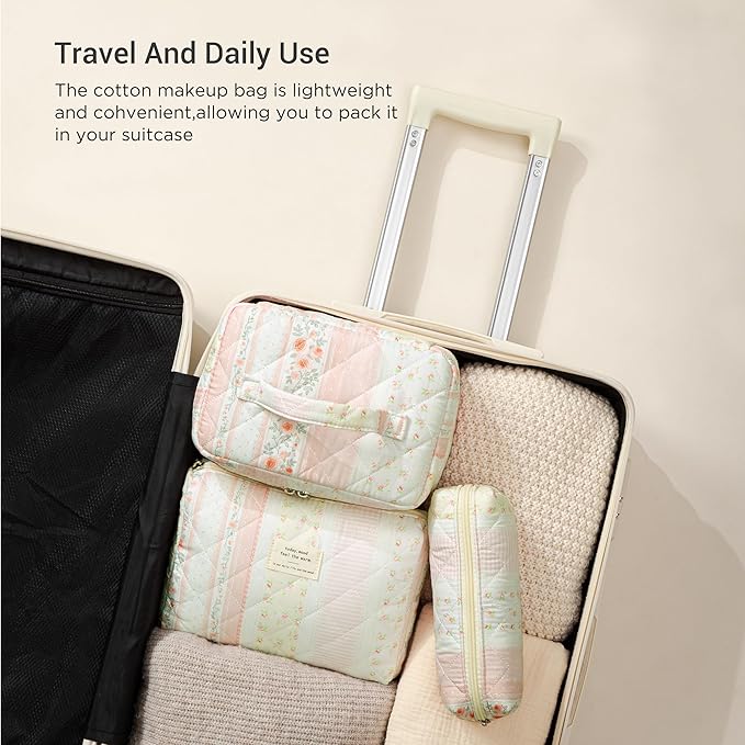 HBselect Quilted Makeup Bag, 3PCS Cotton Large Travel Makeup Bag, Cute Floral Coquette Make up Bag Cosmetic Bag Toiletry Bag for Women Girls