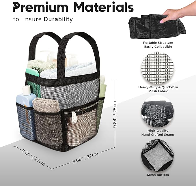 DV Lifestyle Mesh Shower Caddy Dorm, 7 Pockets & 1 with Zipper, Shower Tote with Padded Handles, Travel Portable, Shower Caddy College Room Essentials, Bathroom Shower Bag (Black)