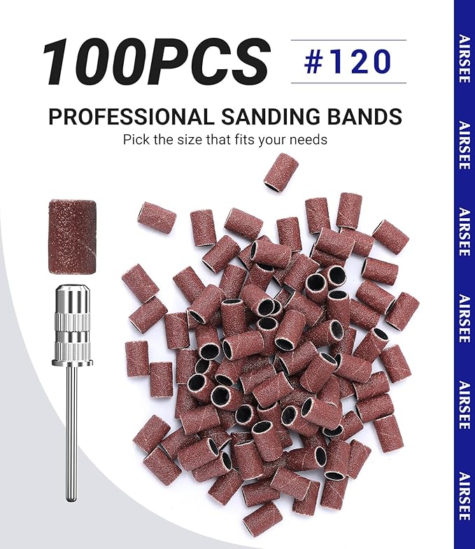 AIRSEE Sanding Bands for Electric Nail Drill 100 Piece Set 120 Grit Coarse Acrylic File Attachments Professional Sander 1 Mandrel Bit Beauty Salon Accessories Manicure and Pedicure Finger Callus Brown