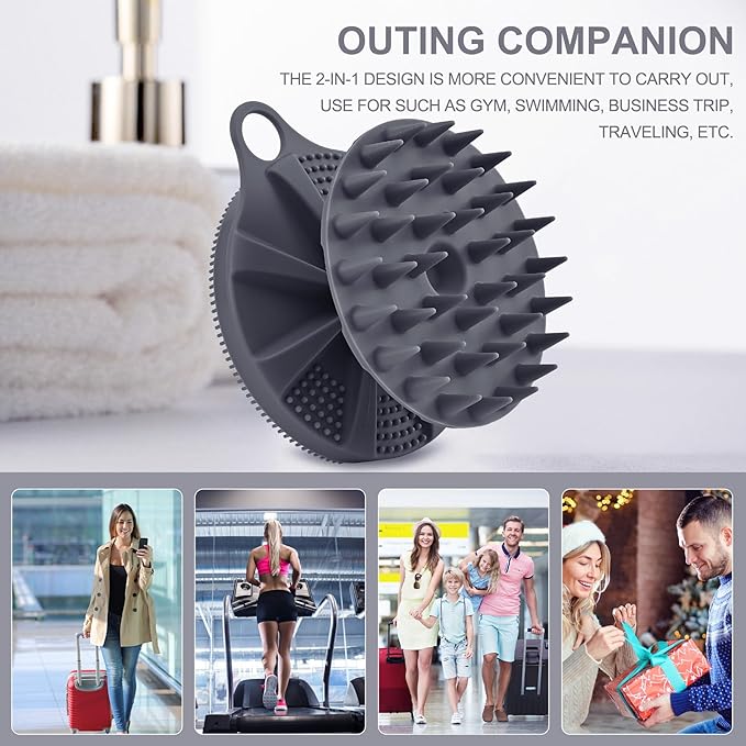 INNERNEED 2-in-1 Silicone Body Scrubber and Scalp Massager Shampoo Brush, Food-Grade Soft Material, More Hygienic, Easily Lather, Convenient for Travel, Gym, Business,etc (Gray)