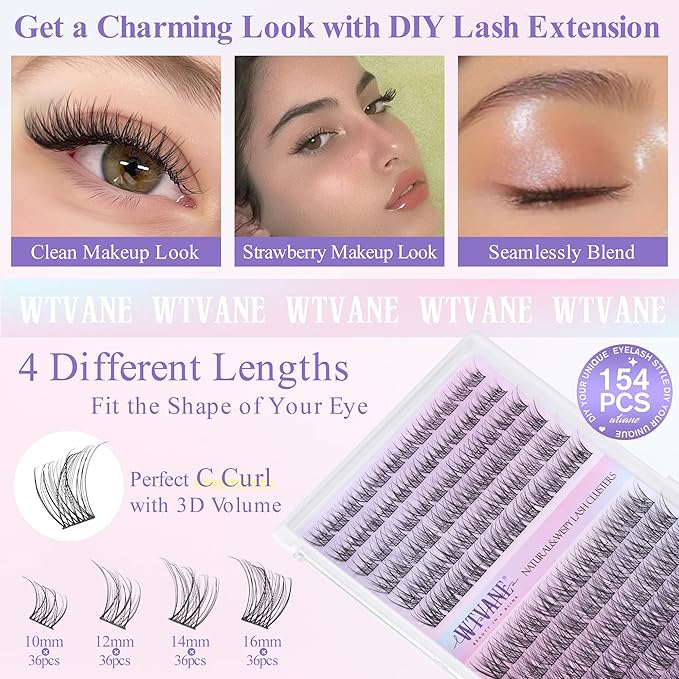 Wispy Lash Clusters Kit Natural Eyelash Clusters Extensions Kit 144pcs Individual Lashes DIY Lash Extension Kit with 10-16mm Lashes Clusters, Lash Bond and Seal,Lash Tweezers by Wtvane