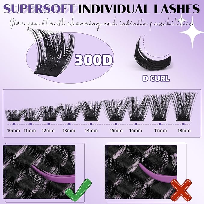 B&Q Fluffy Lash Clusters Thick 300D, Volume Eyelash Clusters 10-18mm, D Curl Cluster Eyelash Extensions, Supersoft Individual Lashes Wispy Cluster Lashes Dramatic Full Look Eyelash（300D）