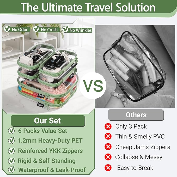 6 Pack Green Clear Hard Shell Beauty Organizer (2M+4S), 1.2mm Heavy Duty Crush-Proof Cosmetic Case, Reinforced YKK Zippers, Stadium Approved Security Bag for Skincare & Electronics, Multi-Size Set