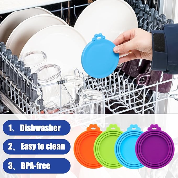 PINE & LINEN 4 Pcs Durable Pet Can Lids,One fit 3 Standard Size Silicone Waterproof Cat Food Cans Lids for 3oz/5.5oz/12.5oz/13.2oz Cat Food Cans（Sky Blue+Orange+Purple+Green）