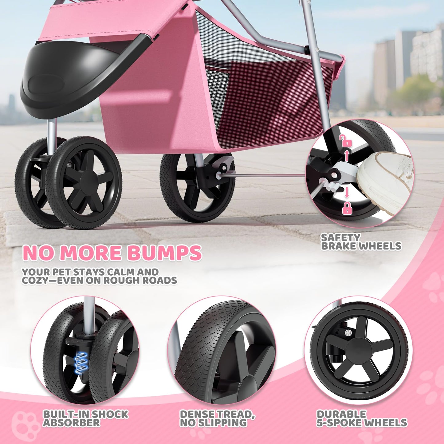 Magshion 3-Wheel Pet Stroller, Foldable Travel Jogger for Small & Medium Dogs & Cats (Up to 33lbs), Lightweight Carrier with Breathable Mesh Cover, Cup Holder & Storage Basket, Pink