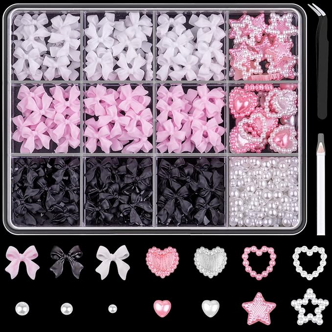600 Pcs 3D Cute Nail Charms and Flatback Pearls Set 3, Pink&White&Black Nail Bows + Pink&White Star Heart Cute Nail Jewels + 2-4mm White Nail Pearls for Nail Art DIY Decoration with Pickup Tools