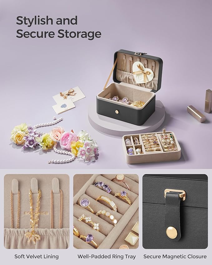 SONGMICS Jewelry Organizer Box, Travel Jewelry Case, 2-Layer Travel Case for Earrings, Necklaces, Bracelets - Portable Jewelry Storage with Large Capacity, Gift Idea, Slate Gray UJBC166G01