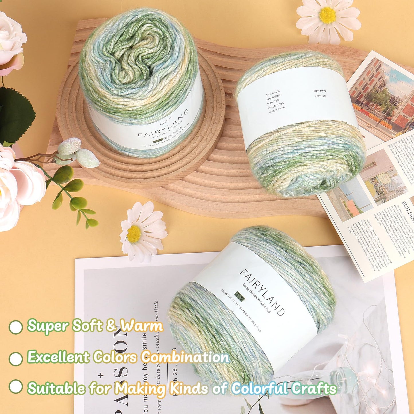 Aeelike Cake Yarn for Crocheting, 3 Skeins Gradient Cake Yarn 100g (3.52 oz) 245m (267 Yards), Super Soft Ombré Yarns Cake Rainbow Cotton Yarn for Making Colorful Crafts, Green Gradient