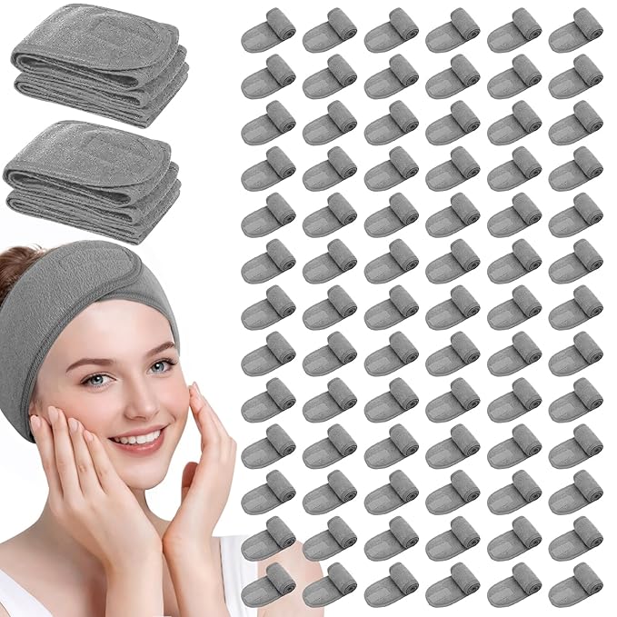 80 Pack Adjustable Spa Headband for Women Non-Slip Facial Hair Wrap for Washing Face, Makeup, Shower, Skincare, and Yoga (Grey, 80)