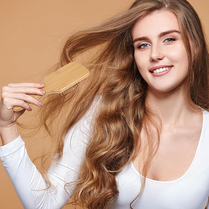 10 Pcs Bamboo Hair Brush, Bulk Round-tipped Bamboo Bristles Detangling Brush Paddle Lightweight Massage Anti Static for Women Men and Children, Stimulates Scalp for Hair Growth (Large, Count, 24)