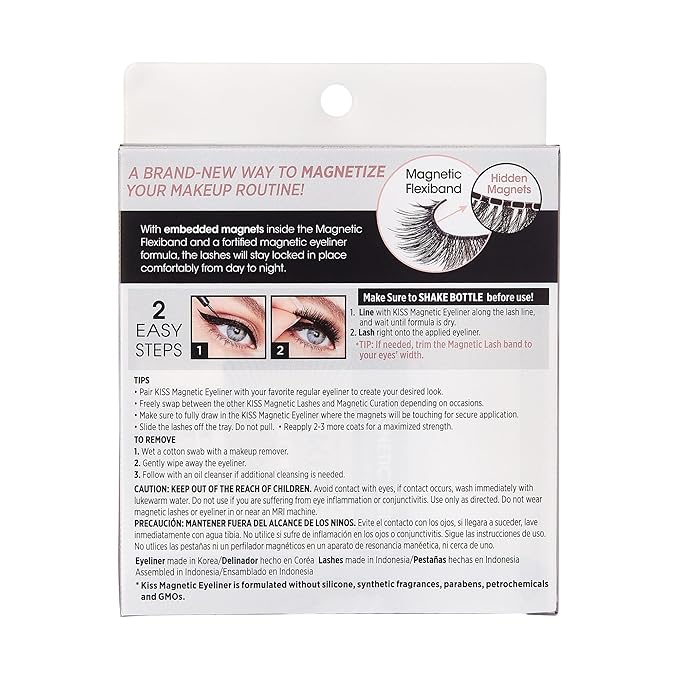 KISS Magnetic False Eyelashes and Eyeliner, ‘Charm’, 12mm, Easy to Apply, Reusable, No Glue, Flexible Band, Precision Felt Tip, Fortified Formula, 1 Pair Strip Lashes
