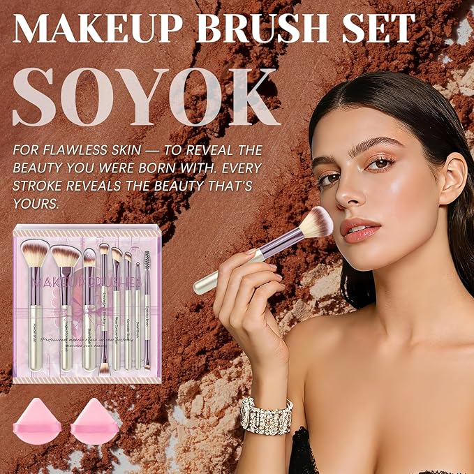 SOYOK Makeup Brush Set, Premium Synthetic Makeup Brushes with 2 Puffs, 8 Pcs Make up Brushes for Powder Concealers Eye Shadows Blush, Brush Kit with Gift Box for Beginners Professional Travel (Sliver)