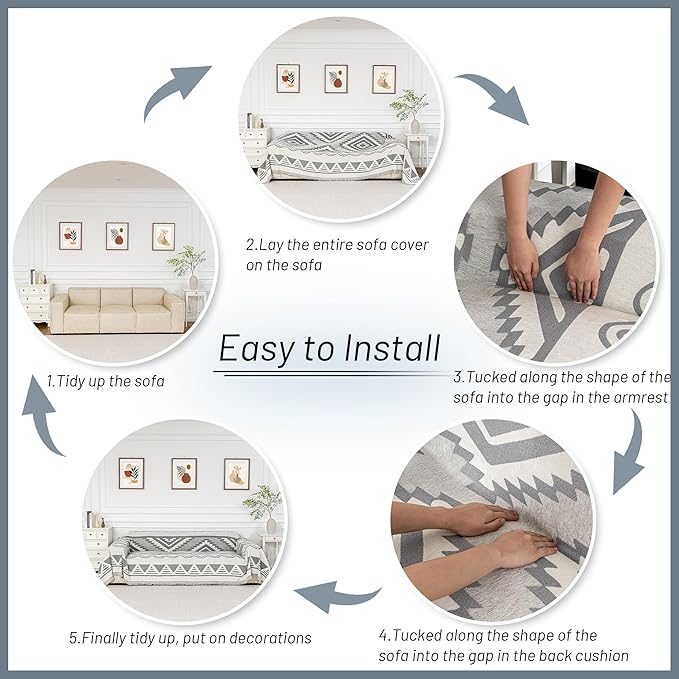 MYSKY HOME Boho Couch Cover for Dogs Washable Grey Rhombic Couch Sofa Protector for Loveseat Sofa with Pets Friendly Chenille Geometric Sofa Covers Soft Durable Farmhouse Sofa Slipcovers, 71" X102"