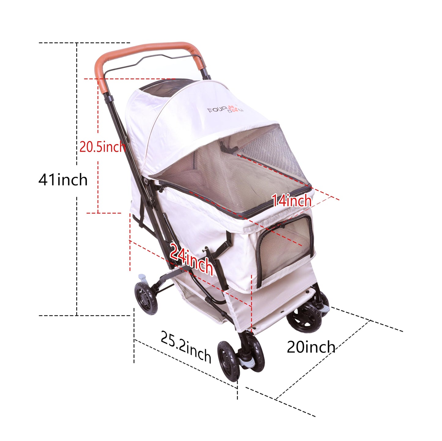 FOURPAW Reversible Pet Stroller (4 Wheels for Cats and Dogs) for Small and Medium Pets up to 33 lbs.Khaki