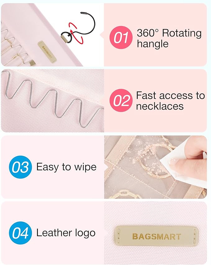 BAGSMART Hanging Jewelry Organizer Storage Roll with Hanger Metal Hooks Double-Sided Jewelry Holder for Earrings, Necklaces, Rings on Closet, Wall, Door, 1 piece, Extra Large, Pink
