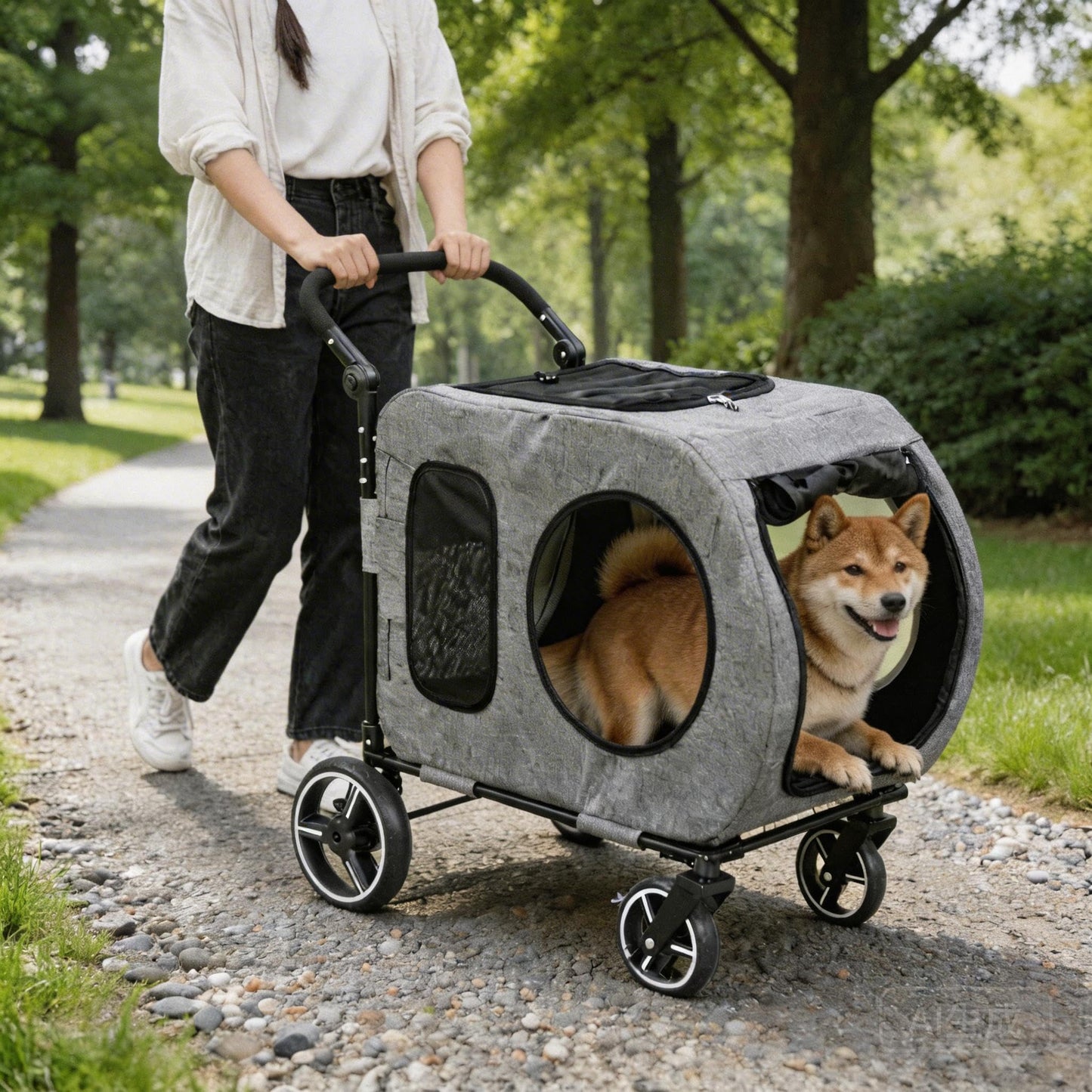 Saudism Large Dog Stroller for Medium Dogs，Pet Stroller for 2 Small Dogs, Foldable Jogger Wagon with Detachable Carrier for Car Seat, Adjustable Handle, Up to 90 lbs, Gray