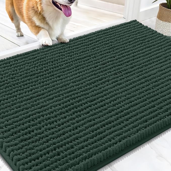 OLANLY Dog Door Mat for Muddy Paws 34x21, Ultra Absorbent Chenille Mud Doormat, Non-Slip Washable and Dirt Trapping Doormat for Indoor Entryway, Quick-Dry Indoor Pet Bed Mats for Dogs, Blackish Green