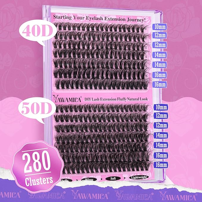 Yawamica Lash Clusters 40D+50D Fluffier Volume Individual Lashes Natural Lash Extension 10-16mm Wispy D Curly Eyelash Clusters 280pcs for DIY Lash at Home (Black)