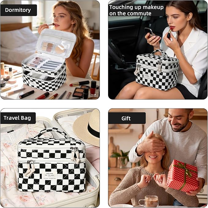 Makeup Bag, Portable Travel Make up Bag, Large Capacity Quilted Cosmetic Organizer Bag, Cute Floral Toiletry Bag for Women Girls