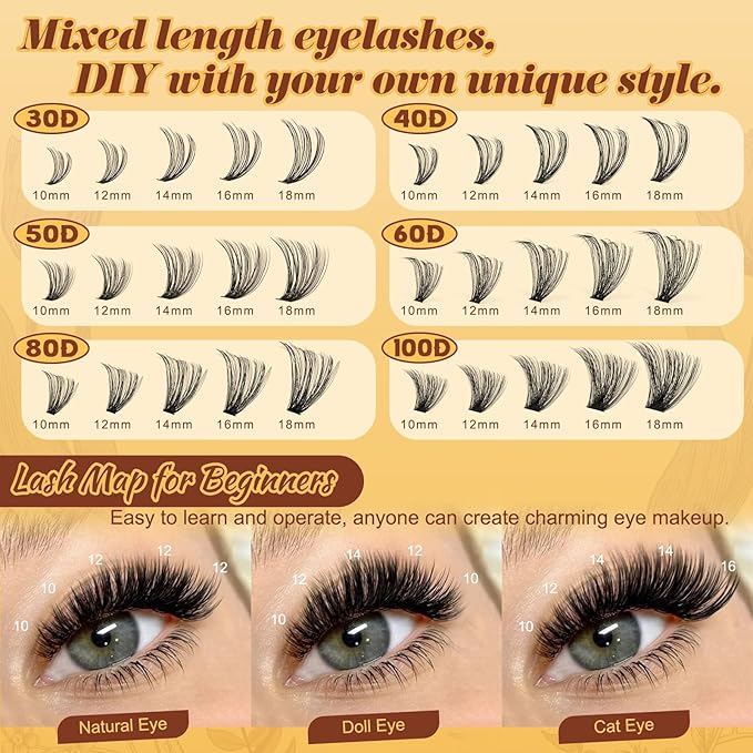 QUEWEL 580PCS Eyelash Clusters 30D+40D+50D+60D+80D+100D Wispy Lash Clusters 10-18mm Cluster Lashes Individual Lashes Clusters Reusable for Natural DIY Cluster Eyelash Extensions for Beginners