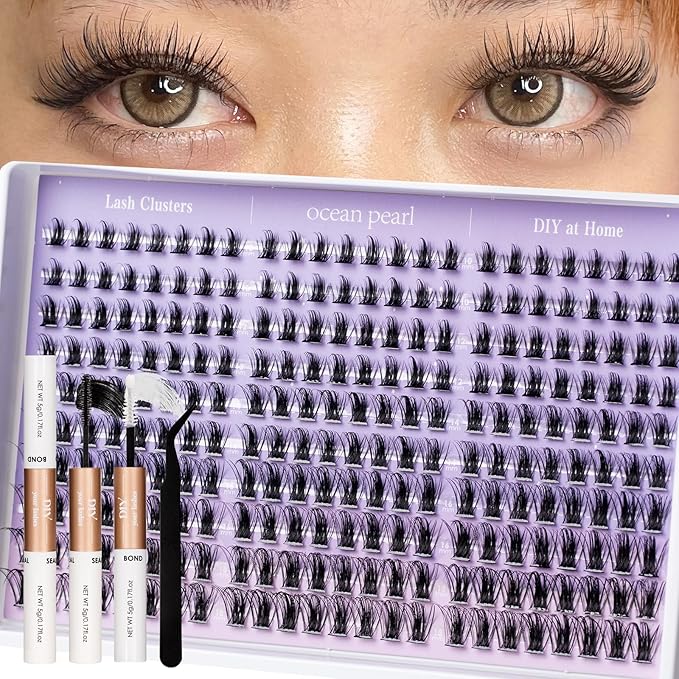 Ocean Pearl Lash Clusters Kit 240pcs,Eyelashes,spike-effect cluster lashes,10-18mm manga/anime-inspired lashes clusters,eyelash clusters,DIY Cluster Eyelash Extensions with lash bond+seal+tweezers-M33