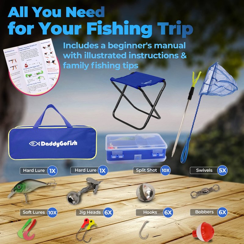 DaddyGoFish Kids Fishing Pole - Rod Reel Combo Tackle Box Starter Set - First Year Small Dock Gear Kit for Boys Girls Toddler Youth Age Beginner Little Children Junior Anglers (2 Pack Blue + Blue 4ft)