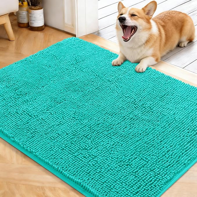 OLANLY Dog Door Mat for Muddy Paws 40x32, Absorbs Moisture and Dirt, Absorbent Non-Slip Washable Doormat, Quick Dry Chenille Mud Mat for Dogs, Entry Indoor Entryway Carpet for Inside Floor, Teal