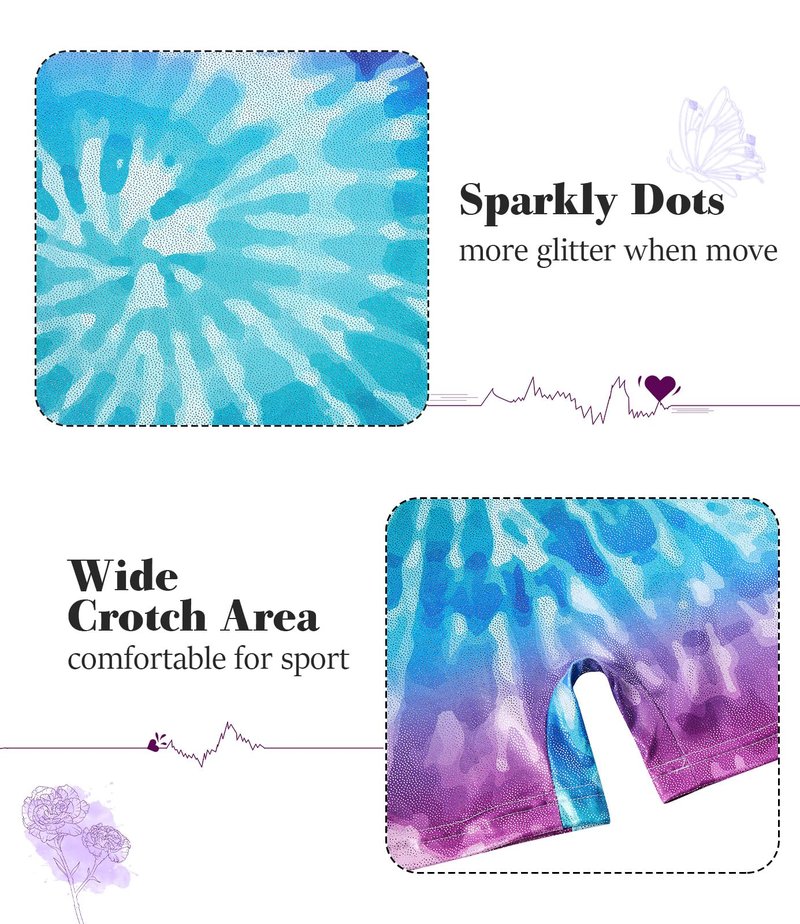 Vogseek Sparkly Gymnastics Leotards for Girls 5 6 Years Cute Psychedelic Tie Dye Shiny Ballet Dance Unitards Biketards with Hair Scrunchie Kids Tumbling Shorts Activewear Clothes