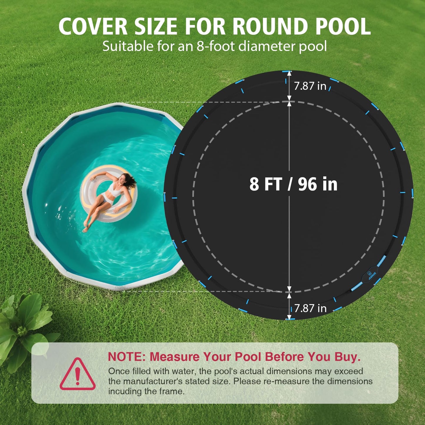 AGROAIDE 8ft Round Pool Cover, Stock Tank Pool Cover with Metal Buckle Straps, 420D Oxford Fabric for All Season Use - Tear Resistant, UV & Dust Proof