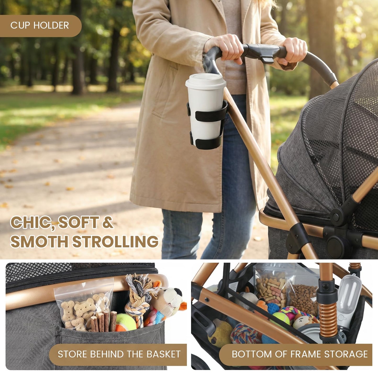 Ioboneed 3-in-1 Dog Stroller with Rain Cover, Quick Foldable, Detachable Carrier & Car Seat, for Medium Dogs Cats Up to 50 lbs, Anti-Shock Solid Rubber Wheels, Grey
