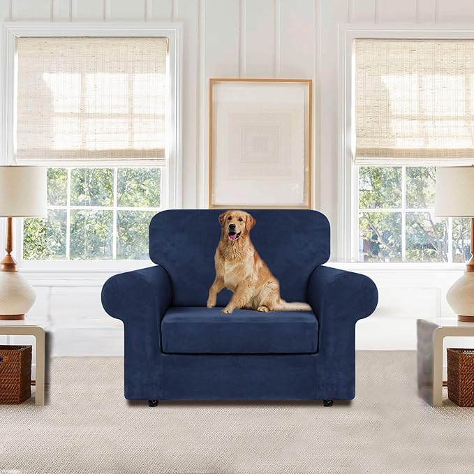 WEERRW Velvet Stretch Chair Sofa Slipcover - 2 Pieces Luxury Soft Velvet Plush Couch Cover Furniture Protector with Elastic Bottom for Pets, Machine Washable, Navy Blue, Small