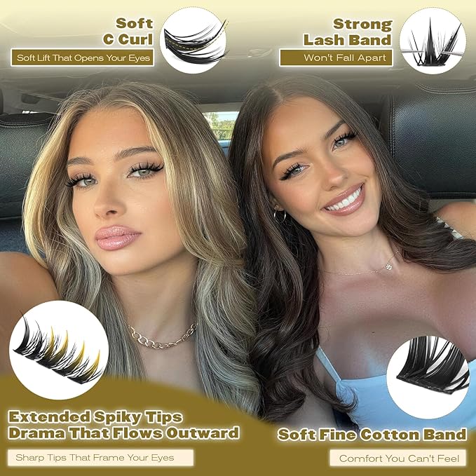 ALICE Lash Clusters with Spikes Anime Eyelash Clusters Natural Manga Eyelash Extensions 10-14mm Lash Extensions Thin Band DIY Left & Right Individual Lashes Cat Eye