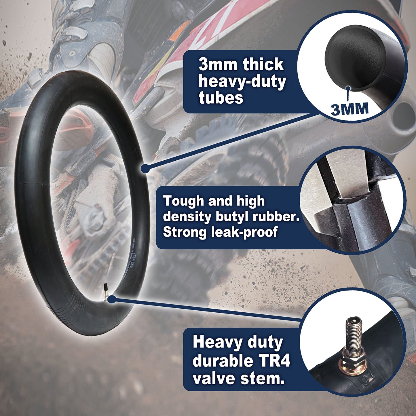 PIVOTRAX-90/90-21 or 80/100-21 (3.00 X 21) Heavy Duty Motorcycle Tube - 3mm Thick - TR4 Valve