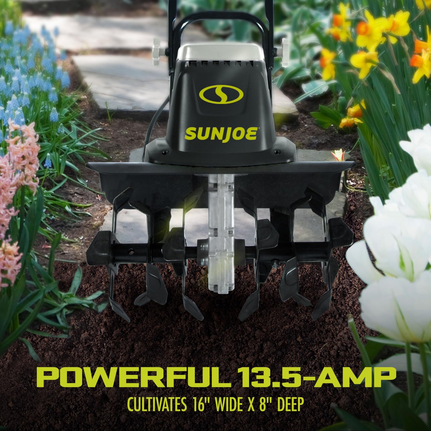 Sun Joe Corded Electric Garden Tiller & Cultivator with Steel Tines, 16", 13.5-Amp Motor - Heavy-Duty Tilling Machine for Lawn, Yard, and Gardening Care, TJ604E