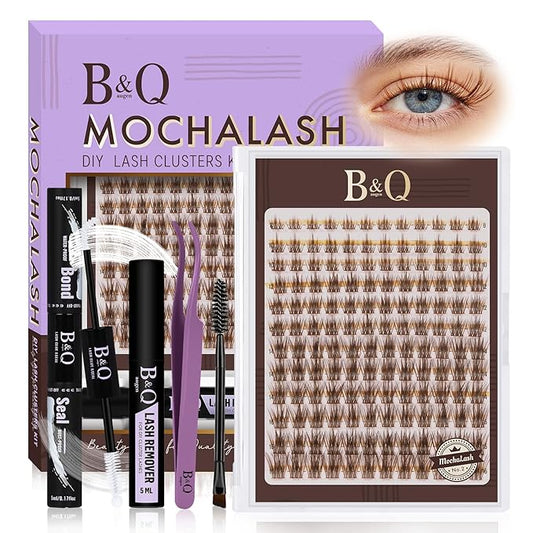 B&Q Brown Lash Clusters Kit Natural Mochalash Clusters 02, Wispy Eyelash Clusters Kit C-Curl Cluster Eyelash Extensions 8-16mm Brown Lash Eyelashes Kit for Fair/Dark Hair(Mochalash 02 Set)