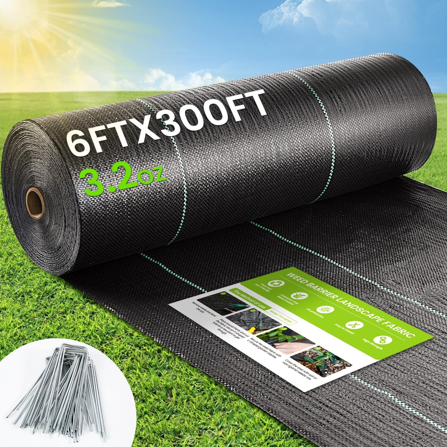 Weed Barrier Fabric, 6x300ft Landscape Fabric, 3.2oz Heavy Duty Durable Woven Geotextile Fabric, High Permeability Ground Cover Mat, Driveway Fabric, Garden Weed Control Cloth with 20 U-Securing Pegs