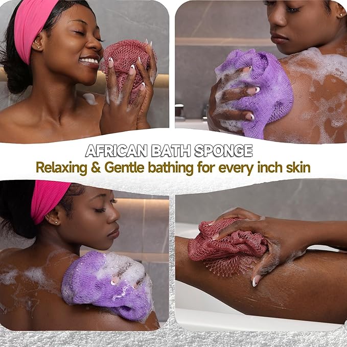 SubSahara Authentic African Net Sponge - 2 Pack Exfoliating Bath & Shower Loofah Sponge for Body & Face, Gentle Scrubber for All Skin Types, Travel, Durable (Blush Pink & Lavender Purple)